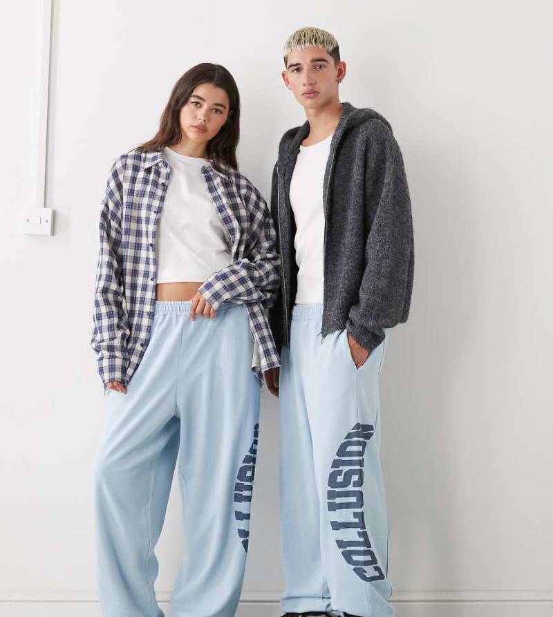 COLLUSION Unisex - Weite Jogginghose aus gewaschenem Material mit Kontrastnaht-Blau von Collusion