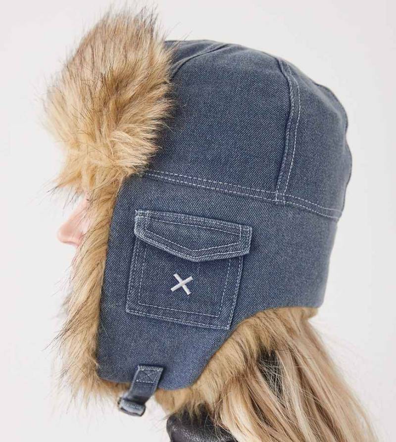 COLLUSION - Vintage-Trappermütze aus Denim in mittelblauer Waschung mit Besatz aus Kunstpelz von Collusion