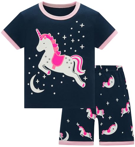 Colobe Mädchen Schlafanzug Kurz Einhorn Kurzer Pyjamas Baumwolle Zweiteiliger Sommer Schlafanzüge Set Kinder Nachtwäsche Größe 5-6 Jahre von Colobe
