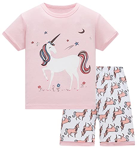 Colobe Mädchen Schlafanzug Kurz Einhorn Kurzer Pyjamas Baumwolle Zweiteiliger Sommer Schlafanzüge Set Kinder Nachtwäsche Größe 7-8 Jahre von Colobe