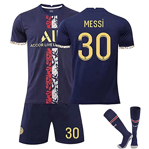 Paris Jersey Set Fußballtrikot Für Kinder/Erwachsene, Nr. 30 Nr. 10 Nr. 7 Blau Weiß Sporttraining T-Shirts Shorts Und Stutzen Fußballtrikot Kinder Jungen Sporthose Sommer Herbst (Color : N, Size von Cololuck