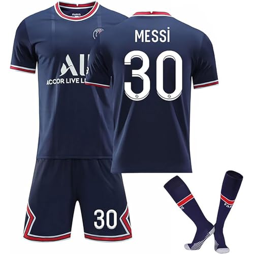 Paris PSG Jersey Set Fußballtrikot Für Kinder/Erwachsene, Nr. 30 Nr. 10 Nr. 7 Blau Weiß Sporttraining T-Shirts Shorts Und Stutzen Fußballtrikot Kinder Jungen Sporthose Sommer Herbst (Color : Q, Size von Cololuck