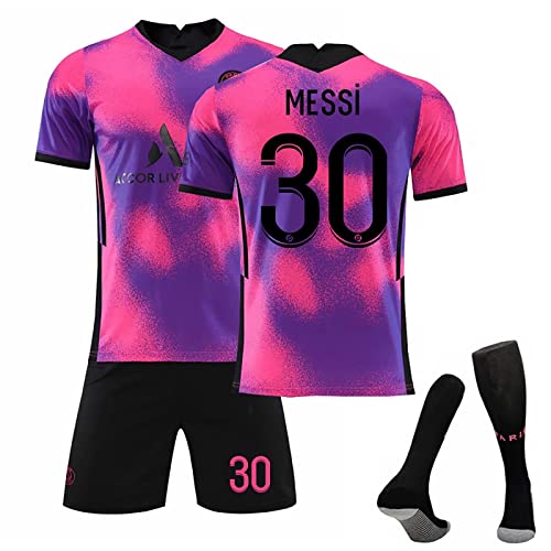 Paris Jersey Set Fußballtrikot Für Kinder/Erwachsene, Nr. 30 Nr. 10 Nr. 7 Blau Weiß Sporttraining T-Shirts Shorts Und Stutzen Fußballtrikot Kinder Jungen Sporthose Sommer Herbst (Color : T, Size von Cololuck