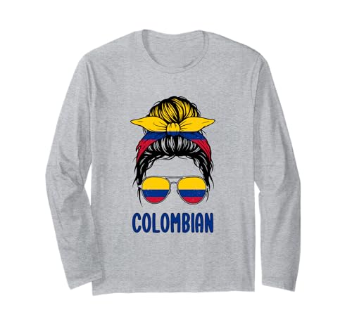 Kolumbien-Flagge, unordentliches Haar, hispanisches Erbe, kolumbianisches Mädchen Langarmshirt von Colombia Flag Gifts For Girl Colombian Women Shirt