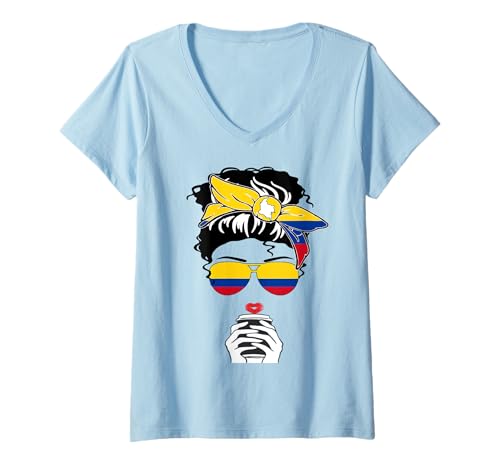 Damen Kolumbianischer Kaffee Mama Mama Mädchen Tante Kolumbianische Flagge Grafik T-Shirt mit V-Ausschnitt Damen Kolumbianischer Kaffee Mama Mama Mädchen Tante Kolumbianische Flagge Grafik T-Shirt mit V-Ausschnitt von Colombia Independence Day Proud To Be Colombian