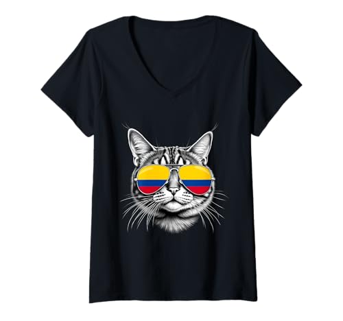 Damen Kolumbien Flagge Katze Gesicht Sonnenbrille Kolumbianische Flagge T-Shirt mit V-Ausschnitt Damen Kolumbien Flagge Katze Gesicht Sonnenbrille Kolumbianische Flagge T-Shirt mit V-Ausschnitt von Colombian Flag Designs