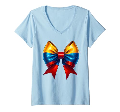 Damen Kolumbien Bogen Coquette Pride Kolumbianische Flagge Kolumbianische Frauen T-Shirt mit V-Ausschnitt Damen Kolumbien Bogen Coquette Pride Kolumbianische Flagge Kolumbianische Frauen T-Shirt mit V-Ausschnitt von Colombian Girl Colombia Colombian Flag Apparel