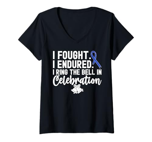 Damen Ich läute die Glocke, um Darmkrebs mit blauem Band zu feiern T-Shirt mit V-Ausschnitt von Colon Cancer Awareness shirts for Men Women