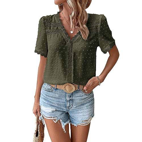 Coloody Bluse Damen Tupfen Chiffon Tunika Spitzenbesatz Kurzarm Elegante Blusen V-Ausschnitt Oberteile Hemd für Frauen Shirts-Grün-S von Coloody