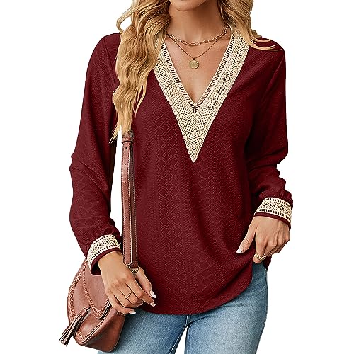 Coloody Blusen für Damen Elegant Tuniken Frau Lässige Langarmshirt mit V-Ausschnitt Oberteile Blusen Tops-Weinrot-XL von Coloody