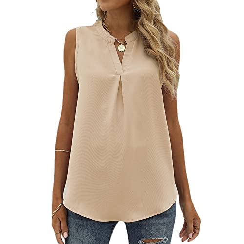 Coloody Damen Ärmellose Bluse Elegant Chiffon V-Ausschnitt Tops Hemd Sommer Einfarbig Casual Shirts Oberteile Tanktops-Aprikosenfarbe-XL von Coloody