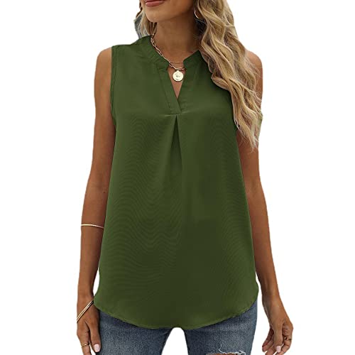 Coloody Damen Ärmellose Bluse Elegant Chiffon V-Ausschnitt Tops Hemd Sommer Einfarbig Casual Shirts Oberteile Tanktops-Grün-XXL von Coloody