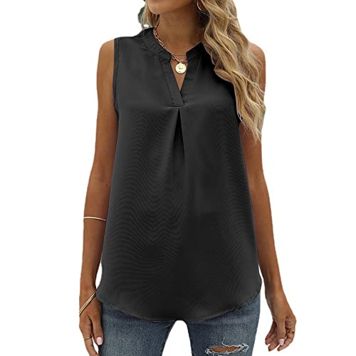Coloody Damen Ärmellose Bluse Elegant Chiffon V-Ausschnitt Tops Hemd Sommer Einfarbig Casual Shirts Oberteile Tanktops-Schwarz-XL von Coloody