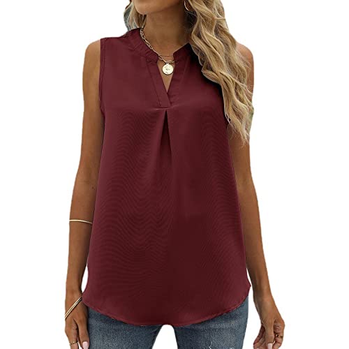 Coloody Damen Ärmellose Bluse Elegant Chiffon V-Ausschnitt Tops Hemd Sommer Einfarbig Casual Shirts Oberteile Tanktops-Weinrot-XXL von Coloody