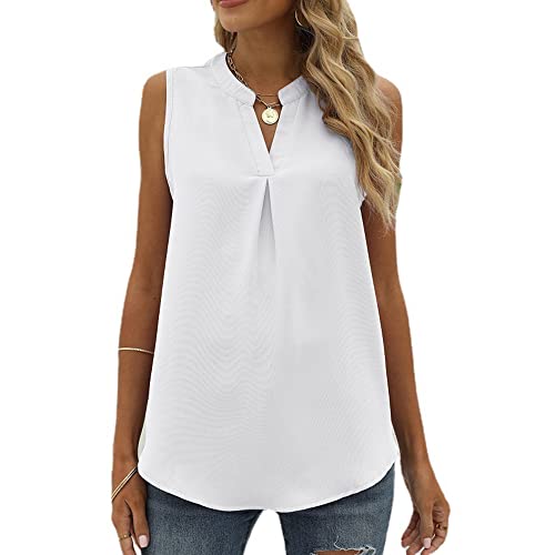 Coloody Damen Ärmellose Bluse Elegant Chiffon V-Ausschnitt Tops Hemd Sommer Einfarbig Casual Shirts Oberteile Tanktops-Weiß-S von Coloody