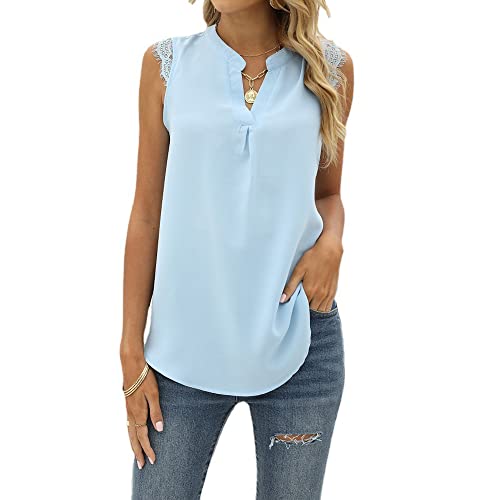 Coloody Damen Ärmellose Bluse Elegant Spitzen Chiffon V-Ausschnitt Tops Hemd Sommer Einfarbig Casual Shirts Oberteile von Coloody