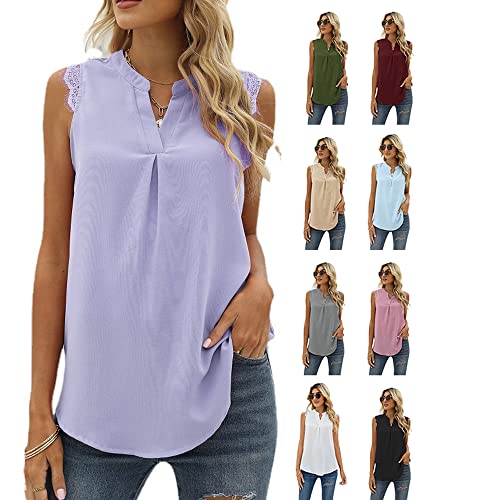 Coloody Damen Ärmellose Bluse Elegant Spitzen Chiffon V-Ausschnitt Tops Hemd Sommer Einfarbig Casual Shirts Oberteile von Coloody