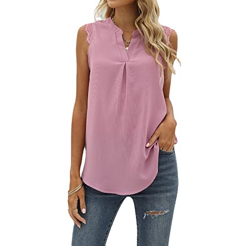 Coloody Damen Ärmellose Bluse Elegant Spitzen Chiffon V-Ausschnitt Tops Hemd Sommer Einfarbig Casual Shirts Oberteile von Coloody