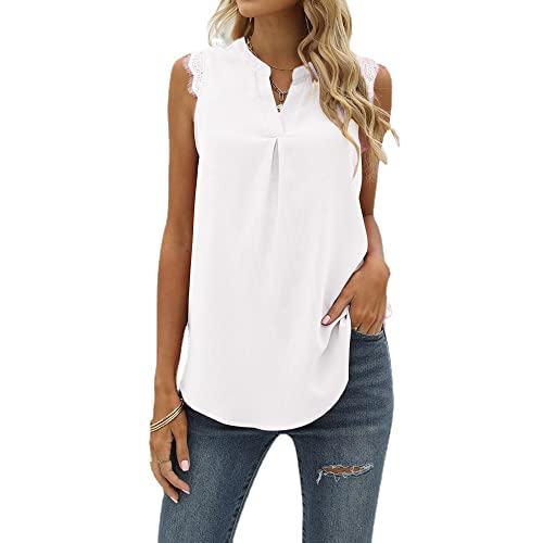 Coloody Damen Ärmellose Bluse Elegant Spitzen Chiffon V-Ausschnitt Tops Hemd Sommer Einfarbig Casual Shirts Oberteile von Coloody