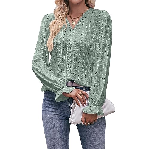 Coloody Damen Bluse Spitze T-Shirt Tops Elegant Hemd Langen Ärmeln V-Ausschnitt Oberteile Tunika-Grün-XL von Coloody