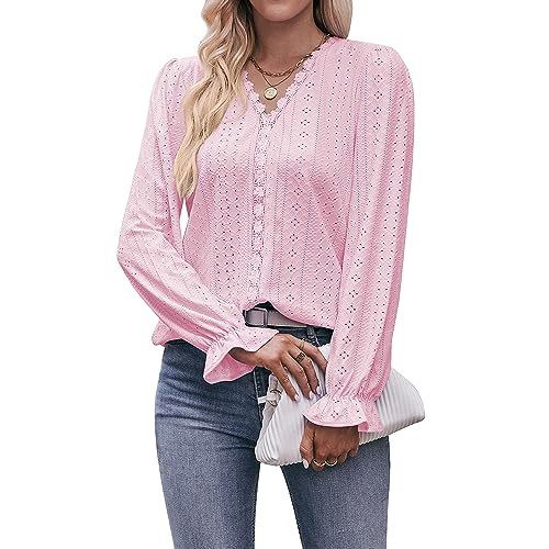 Coloody Damen Bluse Spitze T-Shirt Tops Elegant Hemd Langen Ärmeln V-Ausschnitt Oberteile Tunika-Hellrosa-S von Coloody