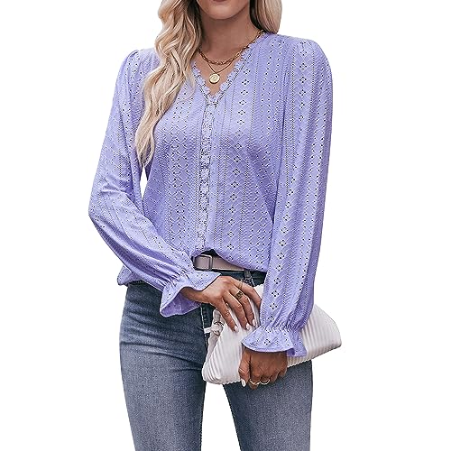 Coloody Damen Bluse Spitze T-Shirt Tops Elegant Hemd Langen Ärmeln V-Ausschnitt Oberteile Tunika-Lila-L von Coloody