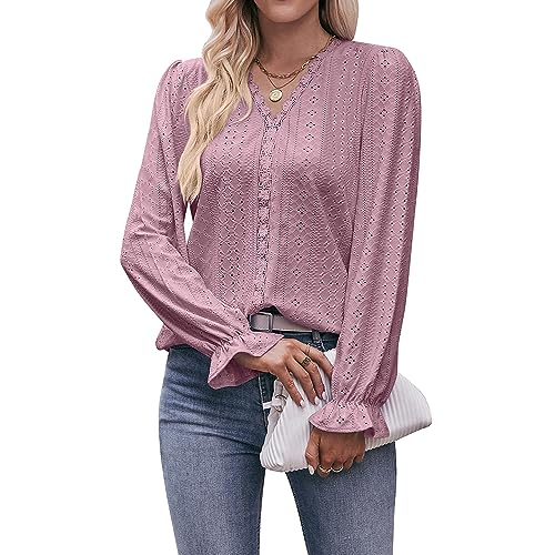 Coloody Damen Bluse Spitze T-Shirt Tops Elegant Hemd Langen Ärmeln V-Ausschnitt Oberteile Tunika-Rosa-XXL von Coloody