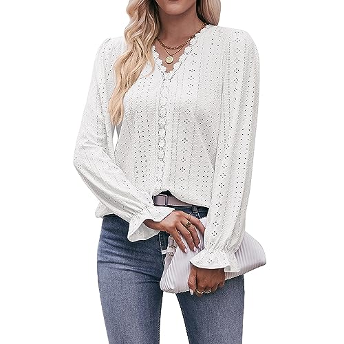 Coloody Damen Bluse Spitze T-Shirt Tops Elegant Hemd Langen Ärmeln V-Ausschnitt Oberteile Tunika-Weiß-XXL von Coloody