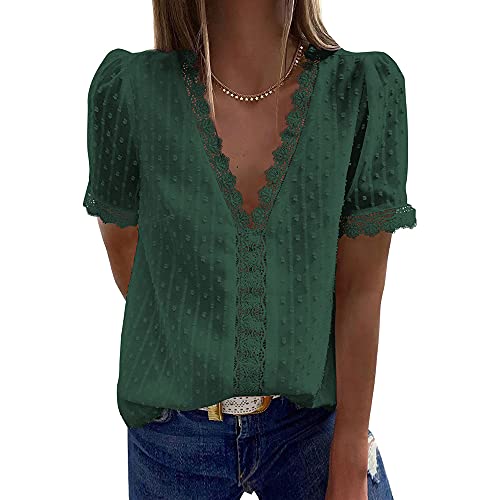 Coloody Damen Bluse Spitzen Tops V Ausschnitt Elegant Kurzärmel Chiffon Tunika Casual Oberteile Hemd Dame Blusen Tops(Grün) L von Coloody