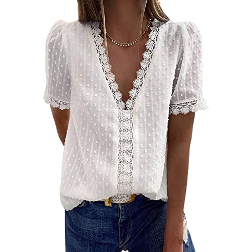 Coloody Damen Bluse Spitzen Tops V Ausschnitt Elegant Kurzärmel Chiffon Tunika Casual Oberteile Hemd Dame Blusen Tops(Weiß) XL von Coloody