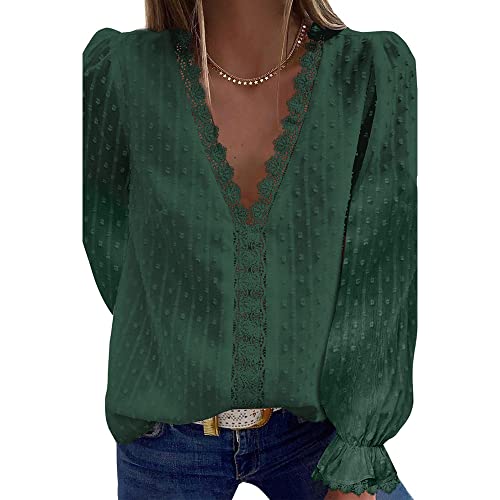 Coloody Damen Bluse Spitzen Tops V Ausschnitt Elegant Lange Ärmel Chiffon Tunika Casual Oberteile Hemd Dame Blusen Tops-LGrün-XXL Coloody Damen Bluse Spitzen Tops V Ausschnitt Elegant Lange Ärmel Chiffon Tunika Casual Oberteile Hemd Dame Blusen Tops-LGrün-XXL von Coloody