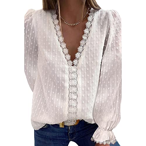 Coloody Damen Bluse Spitzen Tops V Ausschnitt Elegant Lange Ärmel Chiffon Tunika Casual Oberteile Hemd Dame Blusen Tops-LWeiß-M von Coloody
