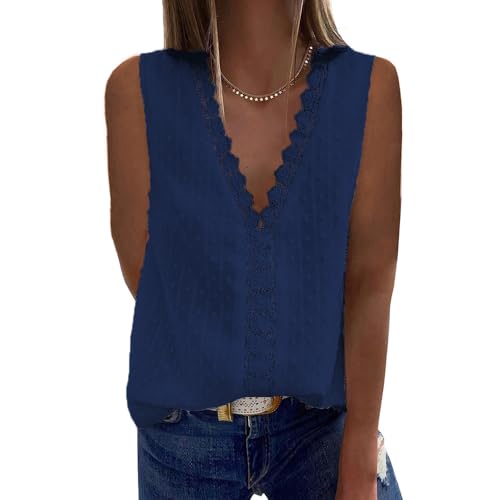 Coloody Damen Bluse Spitzen Tops V Ausschnitt Elegant Ärmellos Chiffon Tunika Casual Oberteile Hemd Dame Blusen Weste Tops(Marineblau) L von Coloody