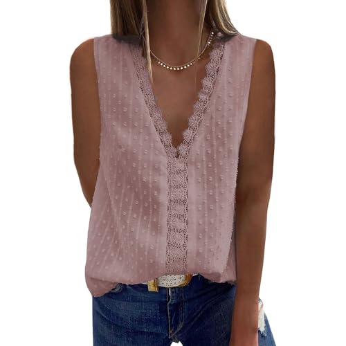 Coloody Damen Bluse Spitzen Tops V Ausschnitt Elegant Ärmellos Chiffon Tunika Casual Oberteile Hemd Dame Blusen Weste Tops(Rosa) XXL von Coloody