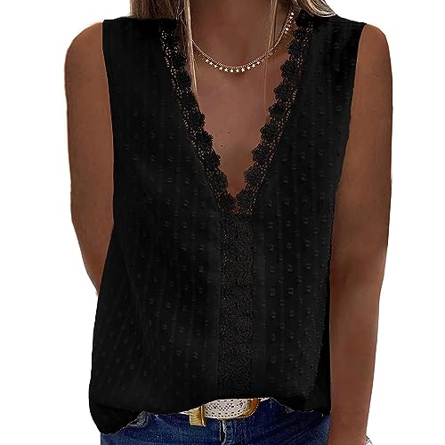 Coloody Damen Bluse Spitzen Tops V Ausschnitt Elegant Ärmellos Chiffon Tunika Casual Oberteile Hemd Dame Blusen Weste Tops(Schwarz) M von Coloody