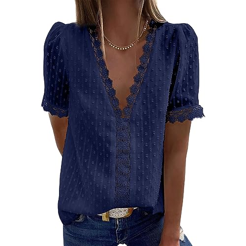 Coloody Damen Bluse Spitzen Tops V Ausschnitt Elegant Kurzärmel Chiffon Tunika Casual Oberteile Hemd Dame Blusen Tops(Navy blau) S von Coloody
