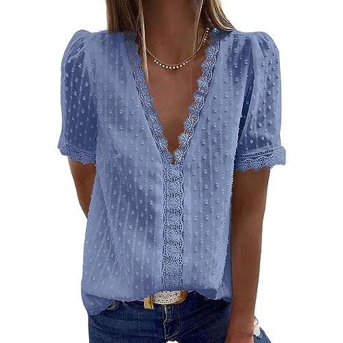 Coloody Damen Bluse Spitzen Tops V Ausschnitt Elegant Kurzärmel Chiffon Tunika Casual Oberteile Hemd Dame Blusen Tops(Reines Blau) L von Coloody