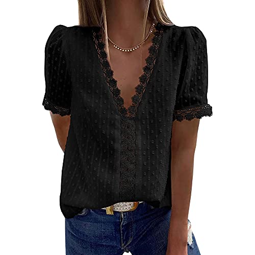 Coloody Damen Bluse Spitzen Tops V Ausschnitt Elegant Kurzärmel Chiffon Tunika Casual Oberteile Hemd Dame Blusen Tops(Schwarz) L von Coloody