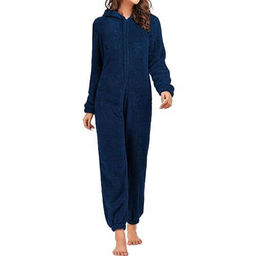 Coloody Damen Fleece Einteiler Pyjama Reißverschluss Overall Flauschiger Jumpsuit Onesie Einteiler mit Kapuze und Öhrchen von Coloody