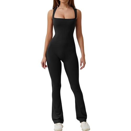 Coloody Damen Jumpsuit Ärmellos Quadratischer Hals Breites Bein In voller Länge Strampler Bodycon Playsuit Yoga Einteiliger ausgestellter Flared Jumpsuit Romper von Coloody