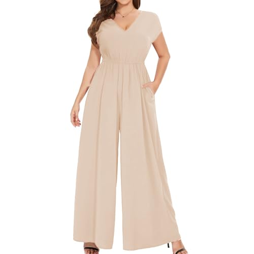 Coloody Damen Lang Jumpsuit Elegant Sommer Kurzarm V-Ausschnitt Overall Hosenanzug Romper Weites Bein Playsuit Mit Taschen von Coloody