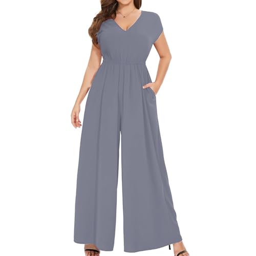 Coloody Damen Lang Jumpsuit Elegant Sommer Kurzarm V-Ausschnitt Overall Hosenanzug Romper Weites Bein Playsuit Mit Taschen von Coloody