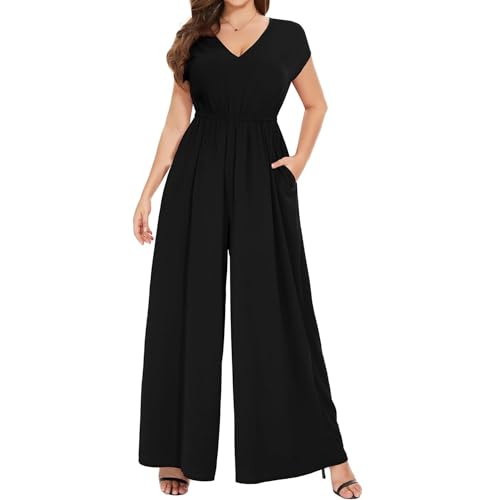 Coloody Damen Lang Jumpsuit Elegant Sommer Kurzarm V-Ausschnitt Overall Hosenanzug Romper Weites Bein Playsuit Mit Taschen von Coloody