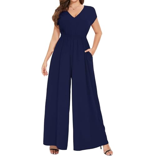 Coloody Damen Lang Jumpsuit Elegant Sommer Kurzarm V-Ausschnitt Overall Hosenanzug Romper Weites Bein Playsuit Mit Taschen von Coloody