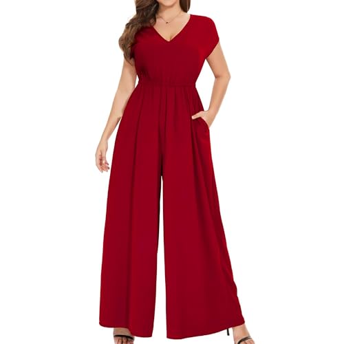 Coloody Damen Lang Jumpsuit Elegant Sommer Kurzarm V-Ausschnitt Overall Hosenanzug Romper Weites Bein Playsuit Mit Taschen von Coloody