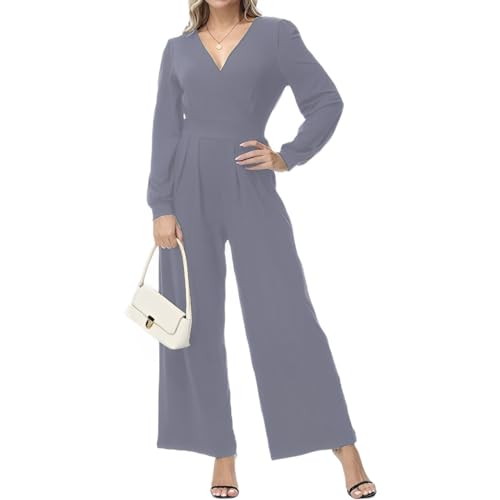 Coloody Damen Lang Jumpsuit Langarm V-Ausschnitt Overall Elegant Hosenanzug Romper Weites Bein Playsuit Mit Taschen von Coloody