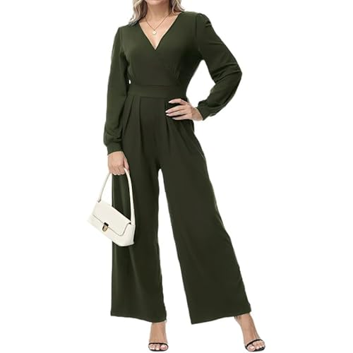 Coloody Damen Lang Jumpsuit Langarm V-Ausschnitt Overall Elegant Hosenanzug Romper Weites Bein Playsuit Mit Taschen von Coloody