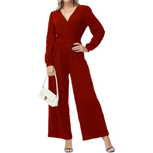 Coloody Damen Lang Jumpsuit Langarm V-Ausschnitt Overall Elegant Hosenanzug Romper Weites Bein Playsuit Mit Taschen von Coloody