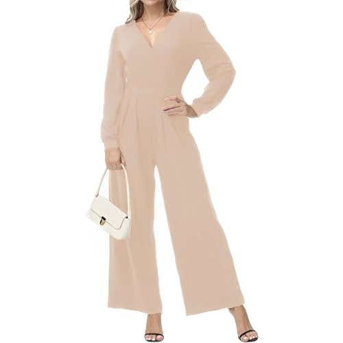 Coloody Damen Lang Jumpsuit Langarm V-Ausschnitt Overall Elegant Hosenanzug Romper Weites Bein Playsuit Mit Taschen von Coloody