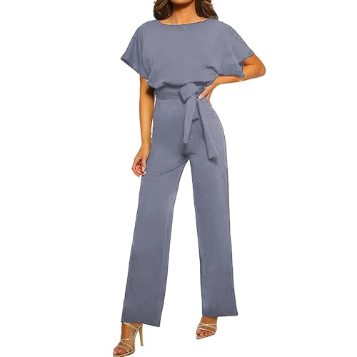 Coloody Damen Lang Jumpsuit Overall Hosenanzug Elegant Romper Kurzarm Rundhals Playsuit mit Gürtel Hosenanzug Breite Weites Bein Overall von Coloody